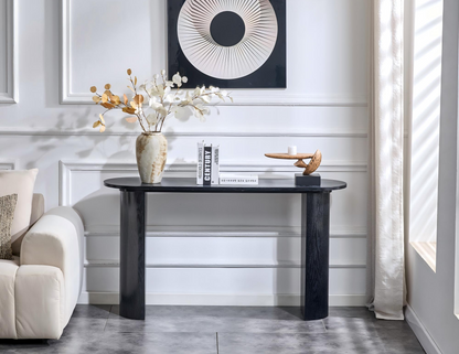 Black Curved Foyer Table, Wood Grain Minimalist Entrance Side Table