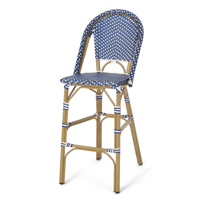 Outdoor PE Rattan French Barstool Set, Dark Teal and White, Aluminum Frame,