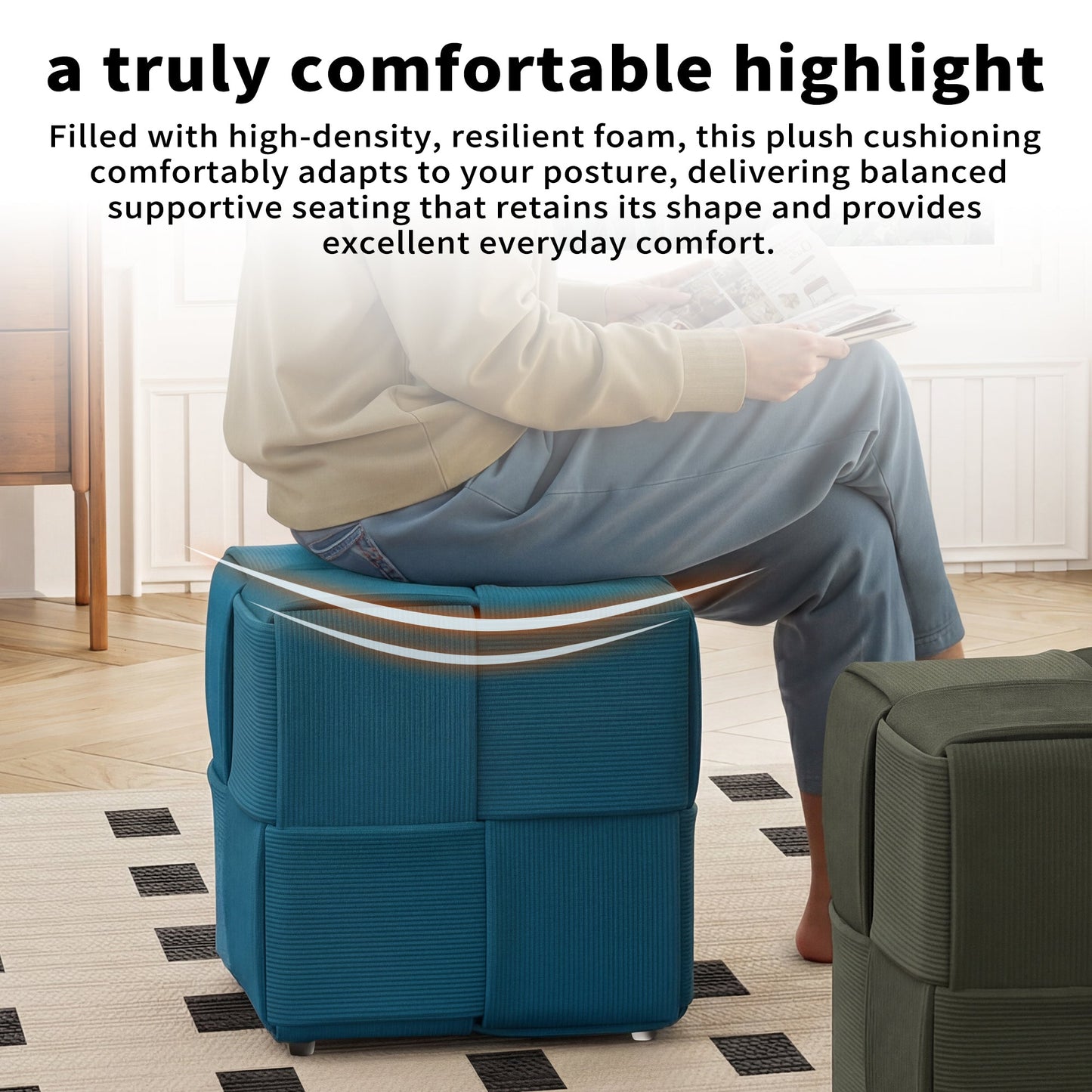 Square Corduroy Ottoman Foot Rest with Soft Comfort and Sturdy Design in Blue,