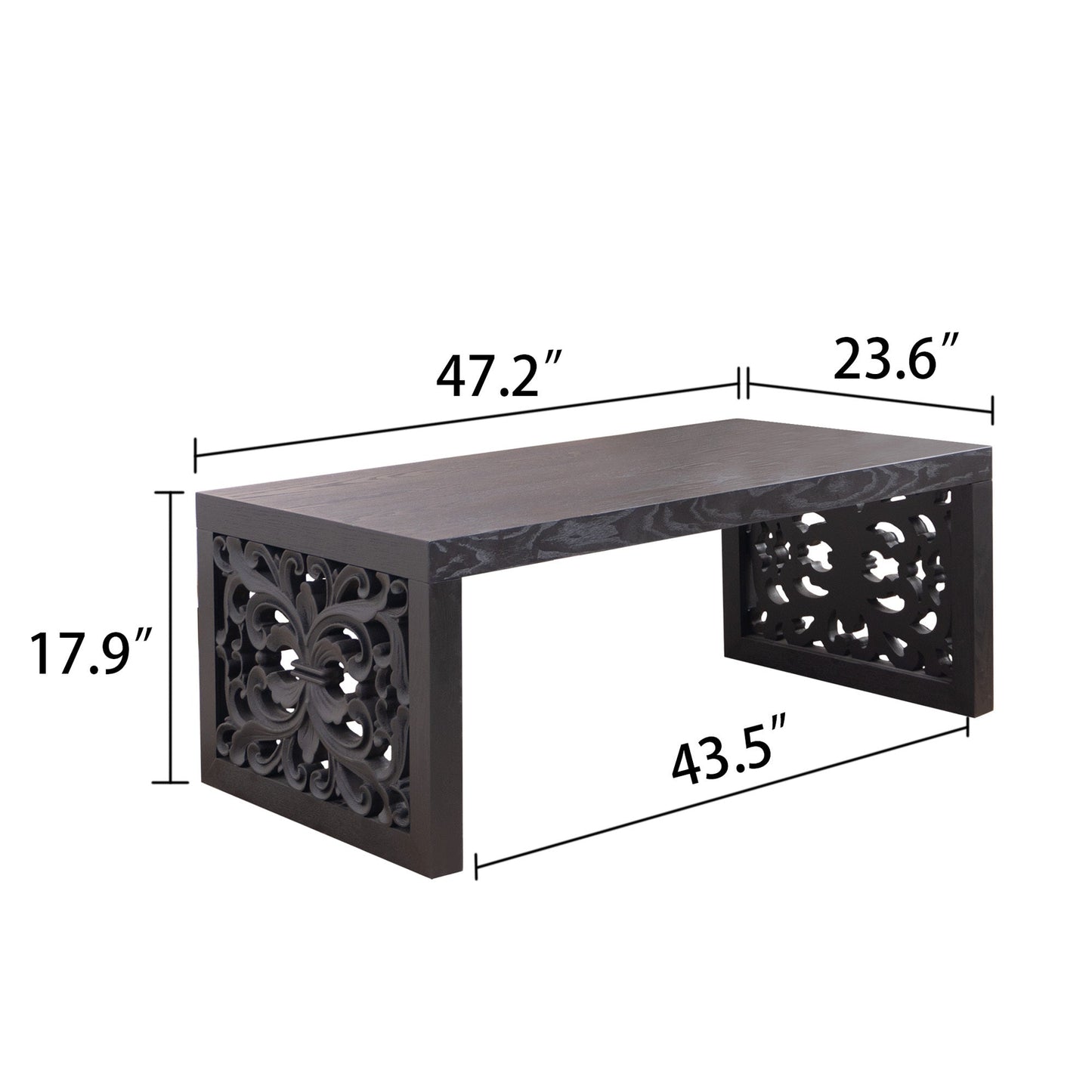 47.2 in Solid Black Carved Wood Coffee Table, Handcrafted Ornate Side Panels