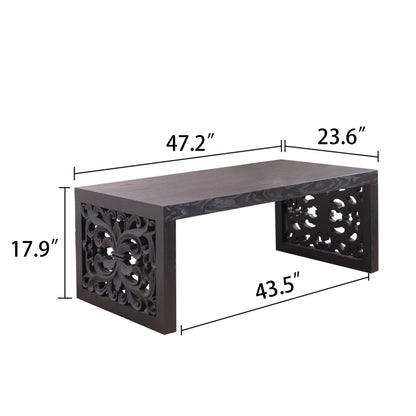 47.2 in Solid Black Carved Wood Coffee Table, Handcrafted Ornate Side Panels