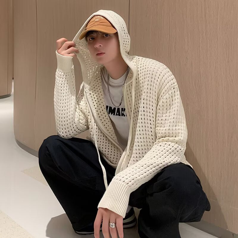 Mens Hollow-out Knit Cardigan With A Designer Touch