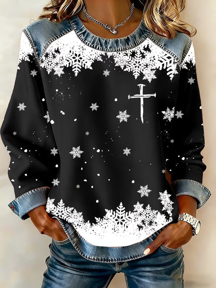 Womens Casual Floral Denim Patchwork Hoodie Top