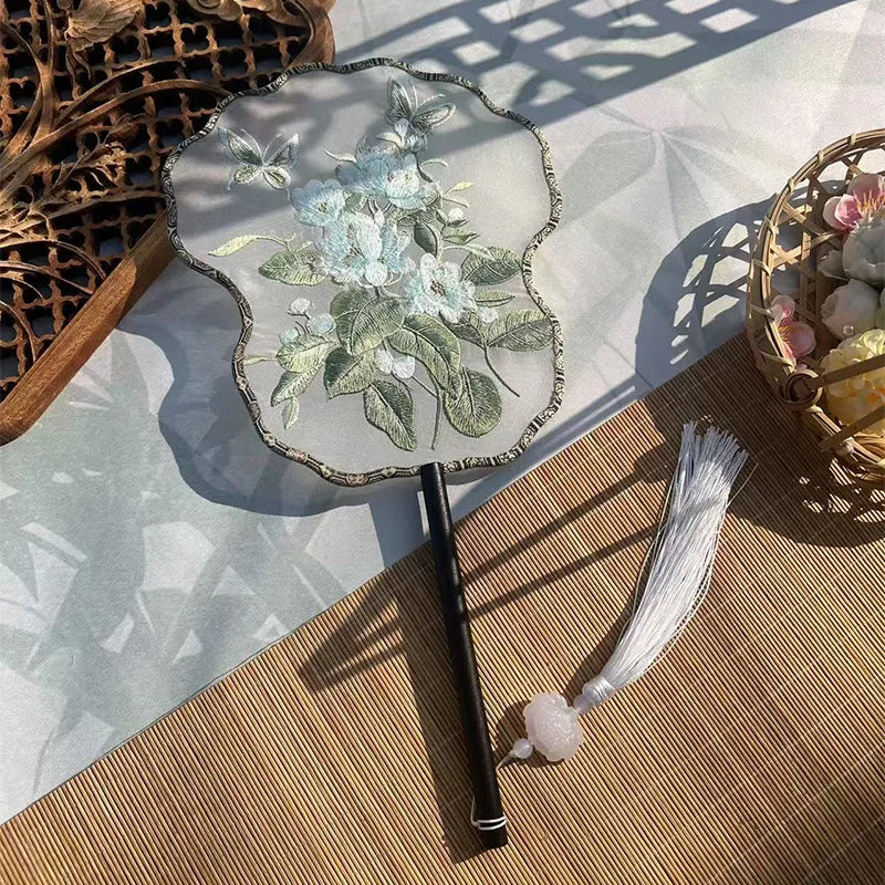 Ancient Style Fan Chinese Style Hanfu Dance Shooting Long Handled Embroidered Classical Double Sided Fan Female Decorative Fan