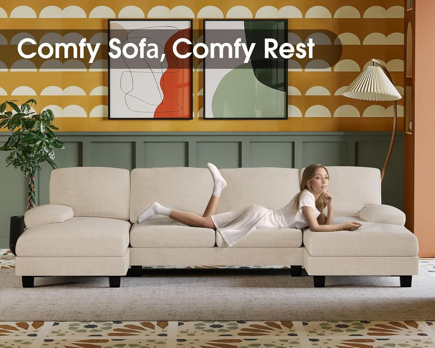 White Linen Sectional Sofa U Shaped 4 Seat Chaise Couch