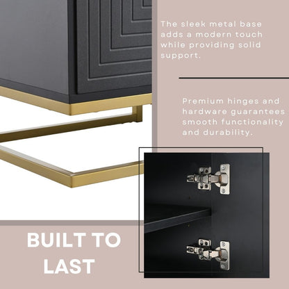 TV Stand Modern Black Gold Geometric Door MDF Adjustable Shelves Fits 80 In