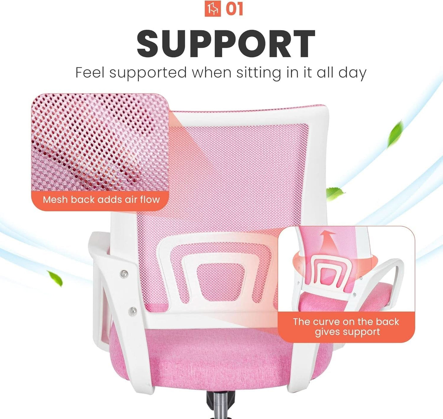 Ergonomic Pink Office Chair With Lumbar Support Mesh
