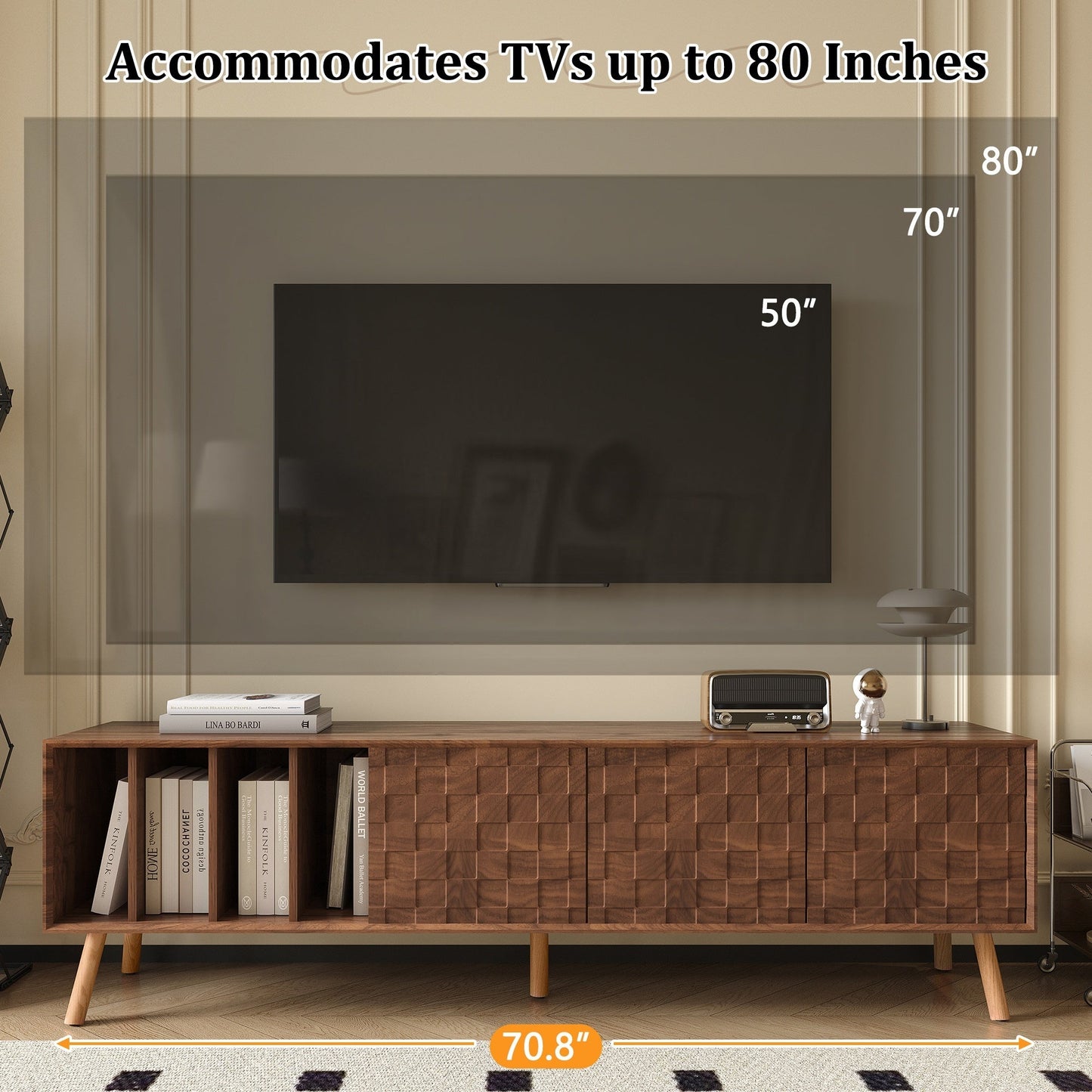 Mid-Century Walnut TV Stand 80" Push-Pop Doors MDF Wood