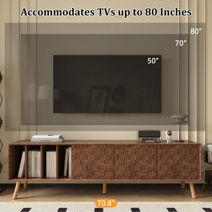 Mid-Century Walnut TV Stand 80" Push-Pop Doors MDF Wood