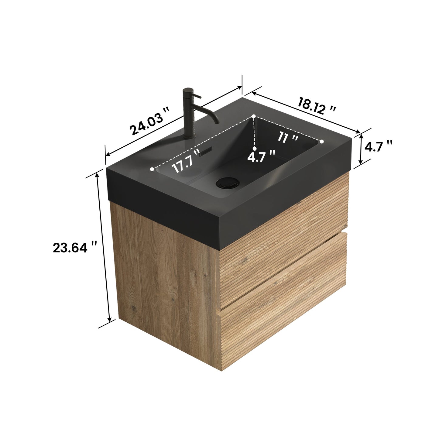 24' Floating Bathroom Vanity with Matte Black Quartz Sink and Oak Drawers