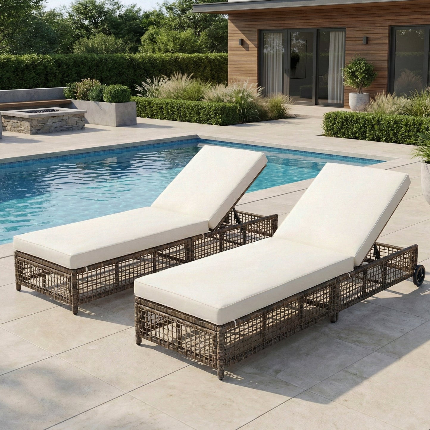 Outdoor Lounge Chair with 5-Position Backrest, Rattan Chaise Lounge in Beige