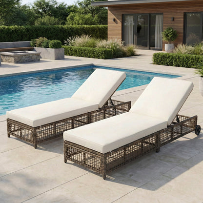 Outdoor Lounge Chair with 5-Position Backrest, Rattan Chaise Lounge in Beige