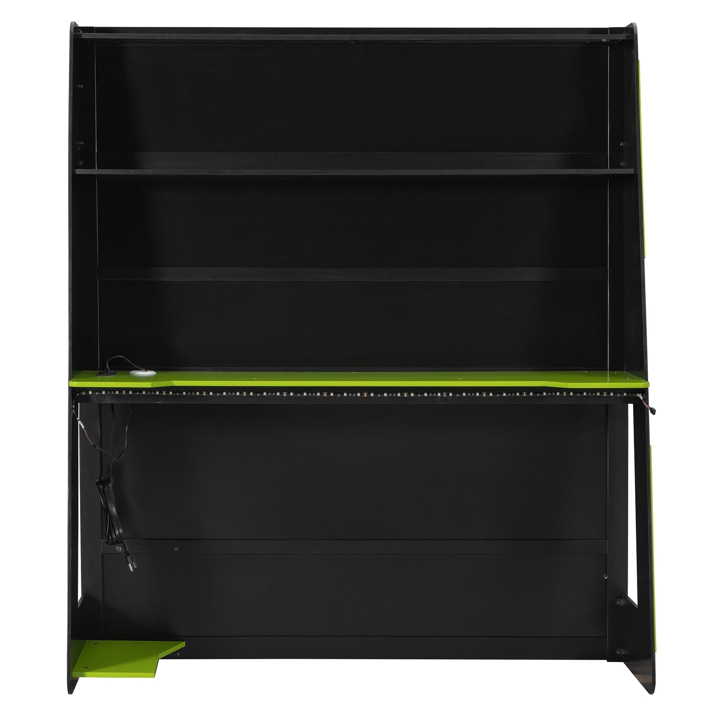 Full Size Wood Loft Bed with Desk, Multi-storage Shelves and RGB Light, Green