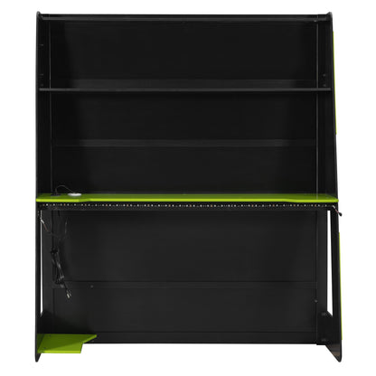Full Size Wood Loft Bed with Desk, Multi-storage Shelves and RGB Light, Green