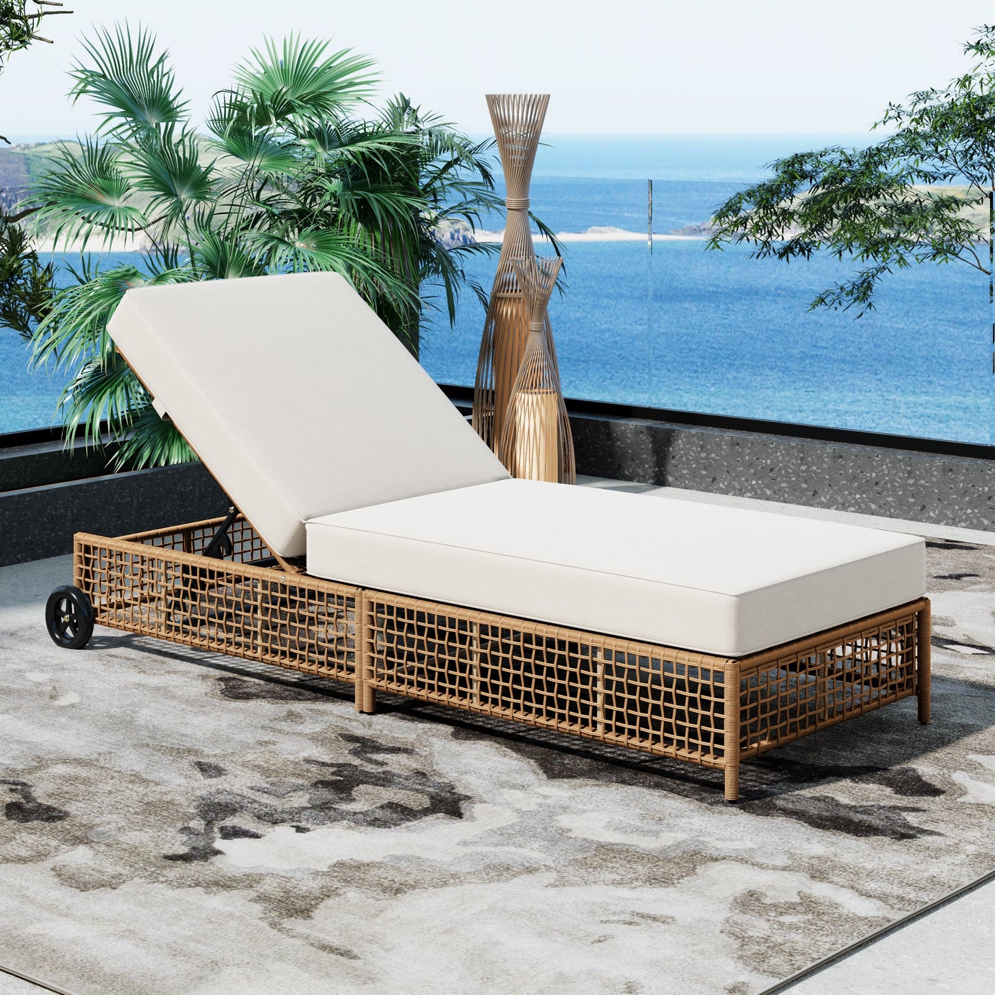 Outdoor Lounge Chair, 5-Position Adjustable Rattan Chaise with Cushion and