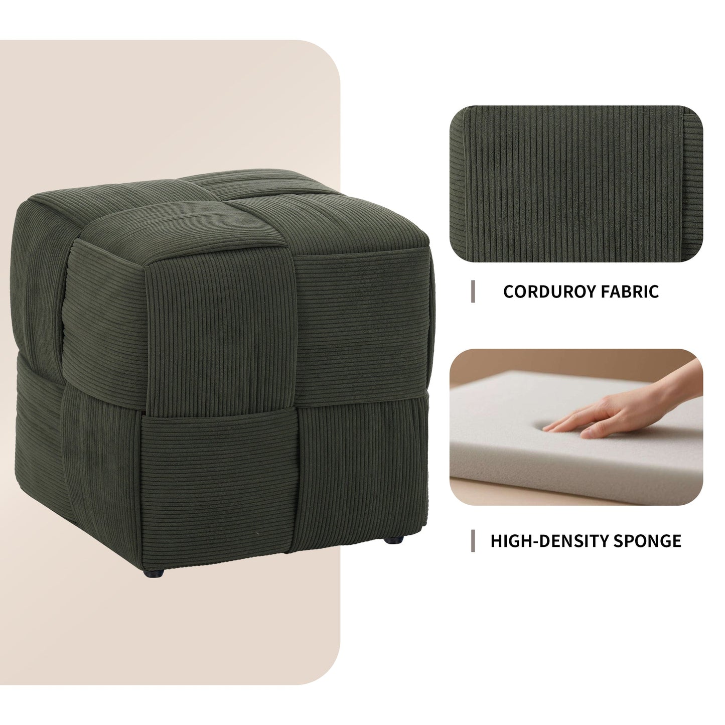 Green Square Ottoman Foot Rest with Corduroy Woven Design Soft Cushioning for
