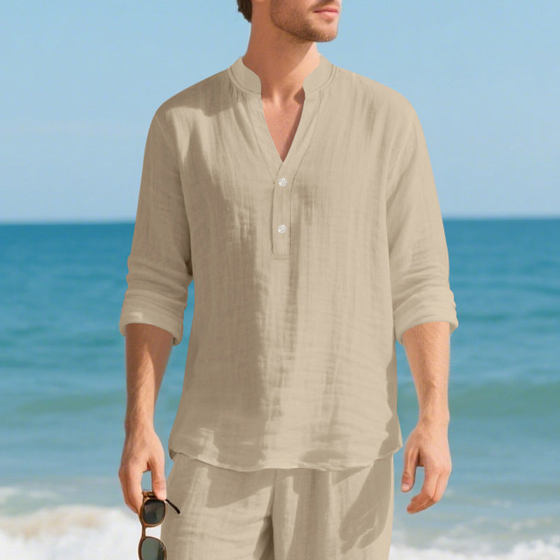 Autumn Linen Men's Long-Sleeve T-Shirt With Stand Collar And Buttons
