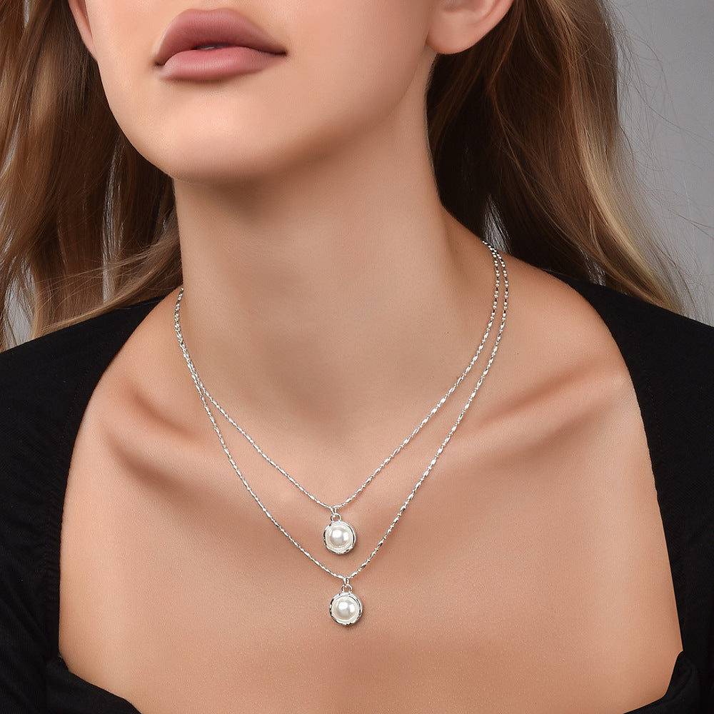 Double Layer Dainty Pearl Choker Necklace, Two-Tier Irregular Collarbone Chain, Minimal French Jewelry For European Spanish Women