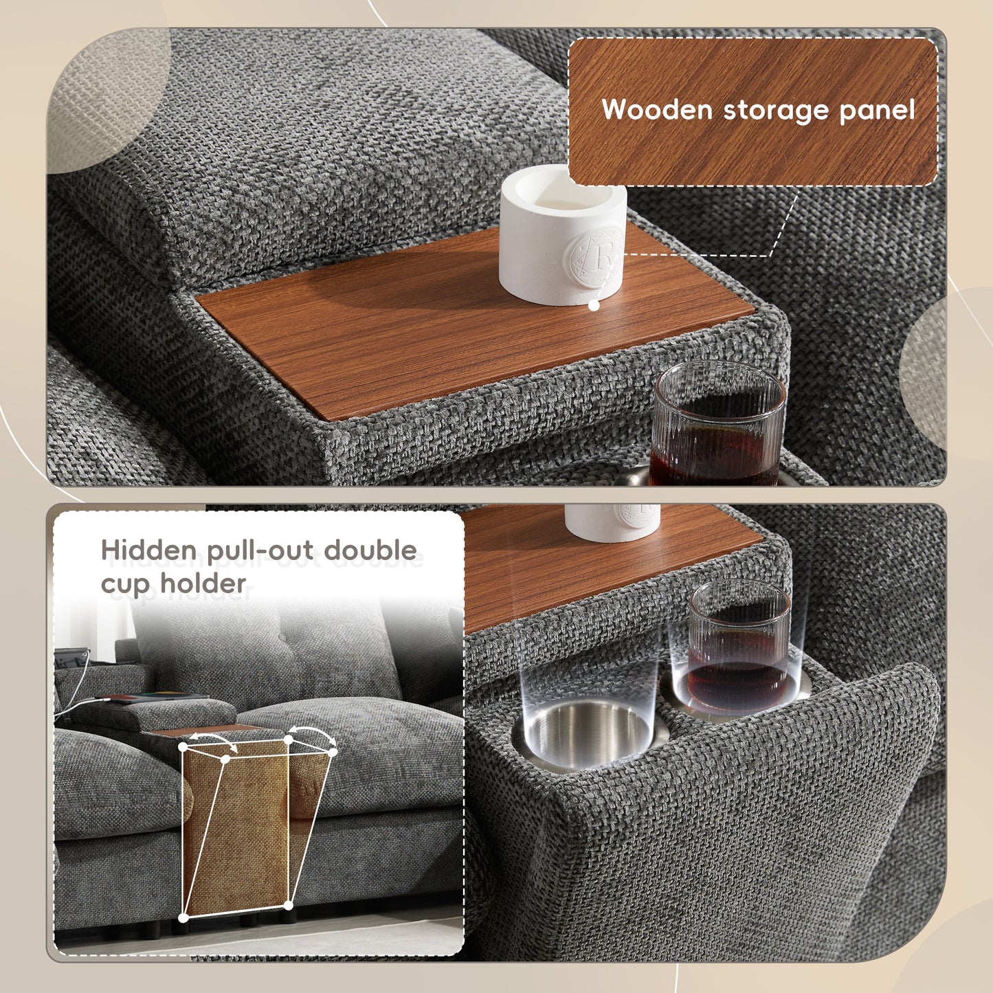 Sectional Sofa U-Shape Chenille Gray 6 Seat USB Console 136 In