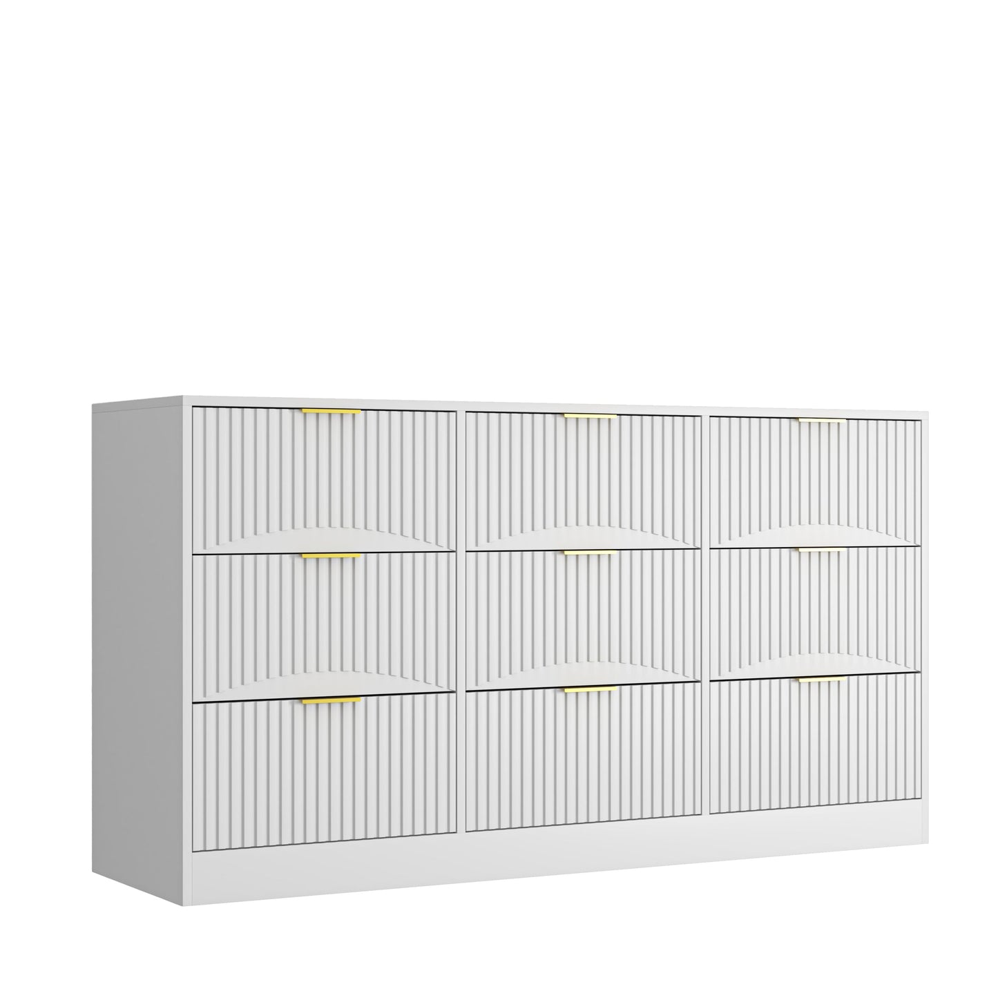 Dresser Classic 9-Drawer White Particle Board Gold Handles 63x15.74 In