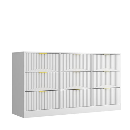 Dresser Classic 9-Drawer White Particle Board Gold Handles 63x15.74 In