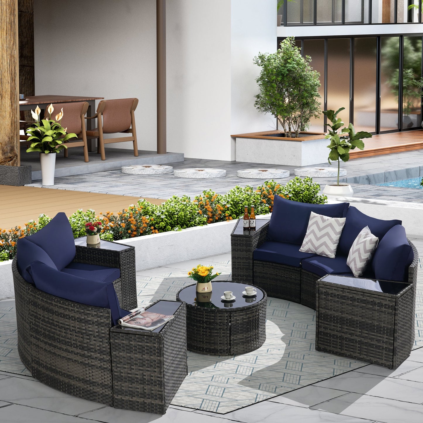 Outdoor Sectional Set PE Rattan Dark Blue Half Moon 11 Piece