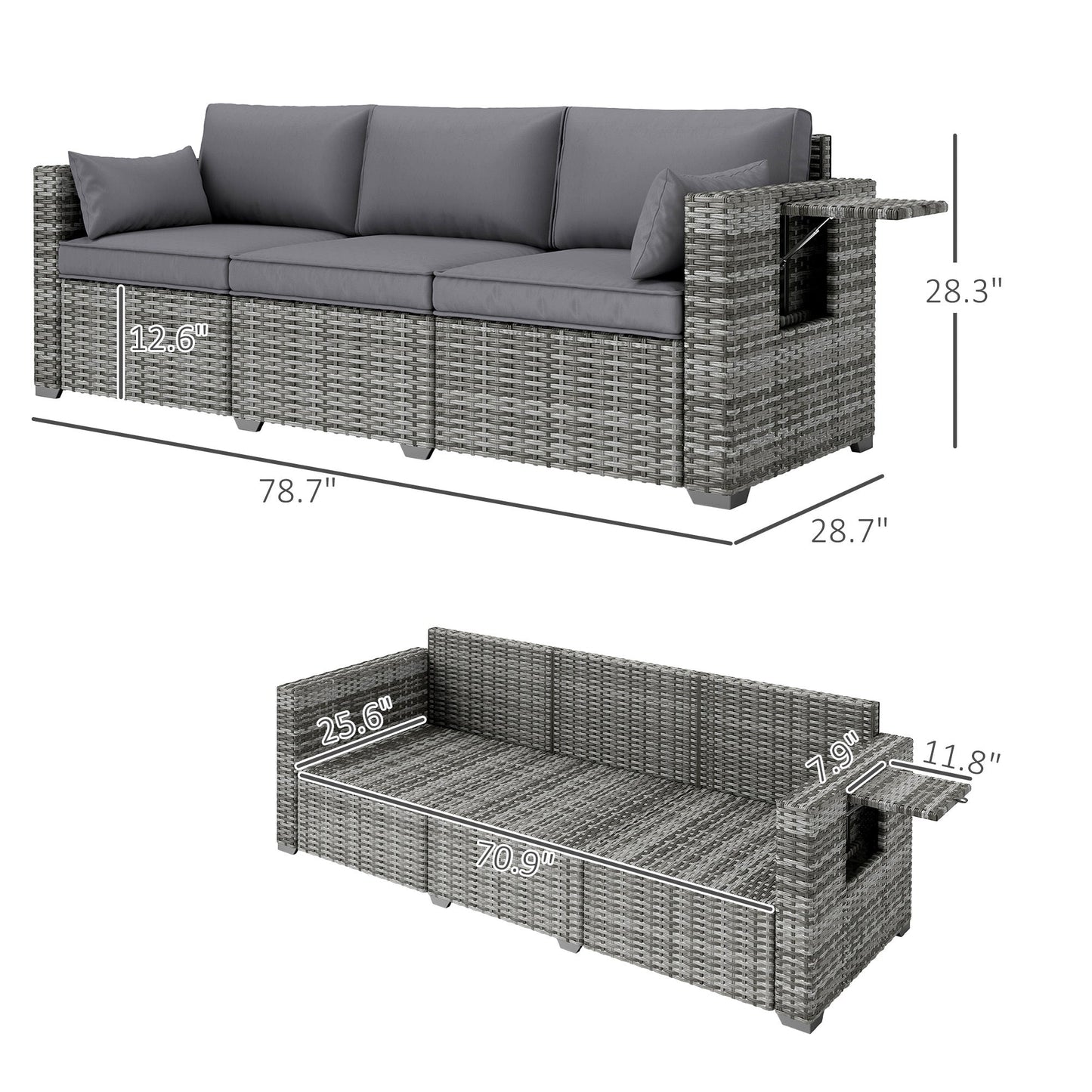 Outdoor Sofa PE Rattan 3-Seat 79" Gray