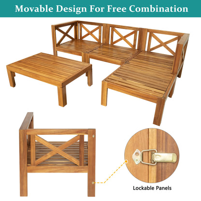 Outdoor Patio Sectional Set Acacia Wood Natural Beige Cushions 5 Piece