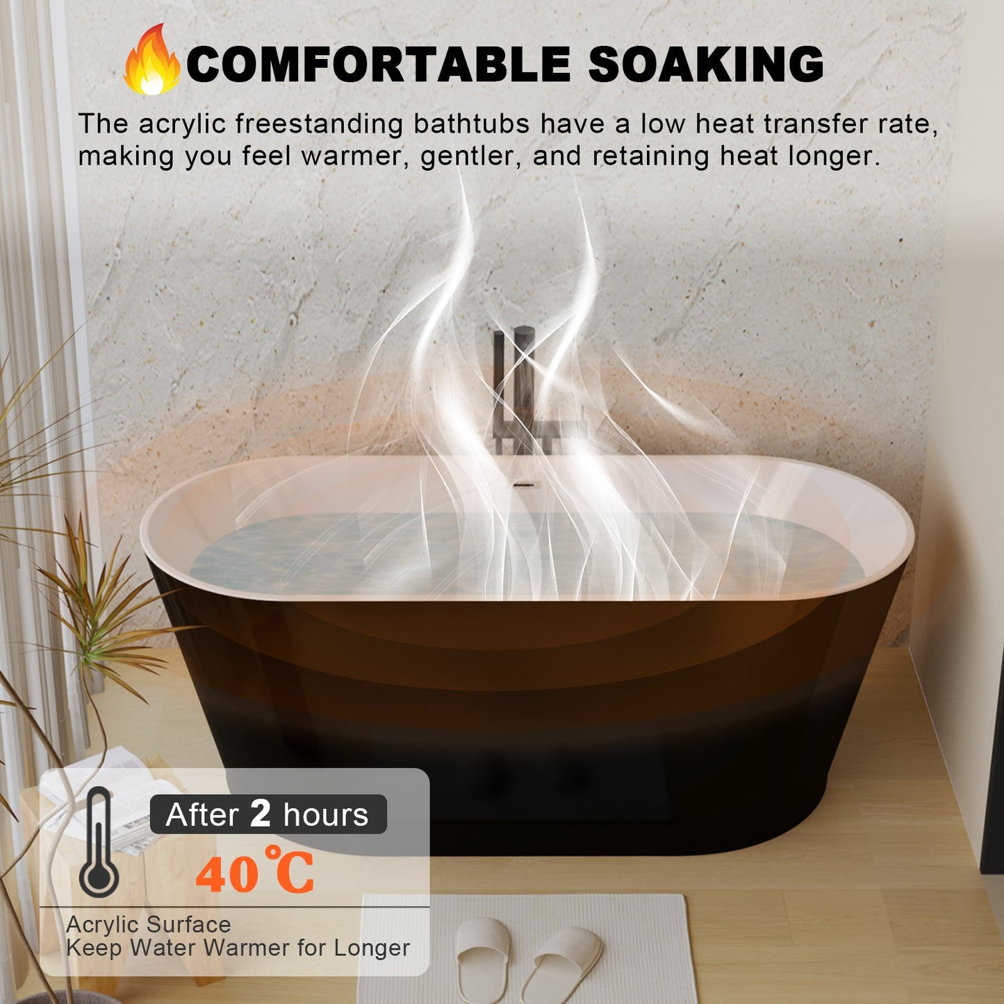 59in Glossy Black Acrylic Freestanding Soaking Tub with Chrome Drain, cUPC