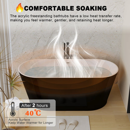 59in Glossy Black Acrylic Freestanding Soaking Tub with Chrome Drain, cUPC
