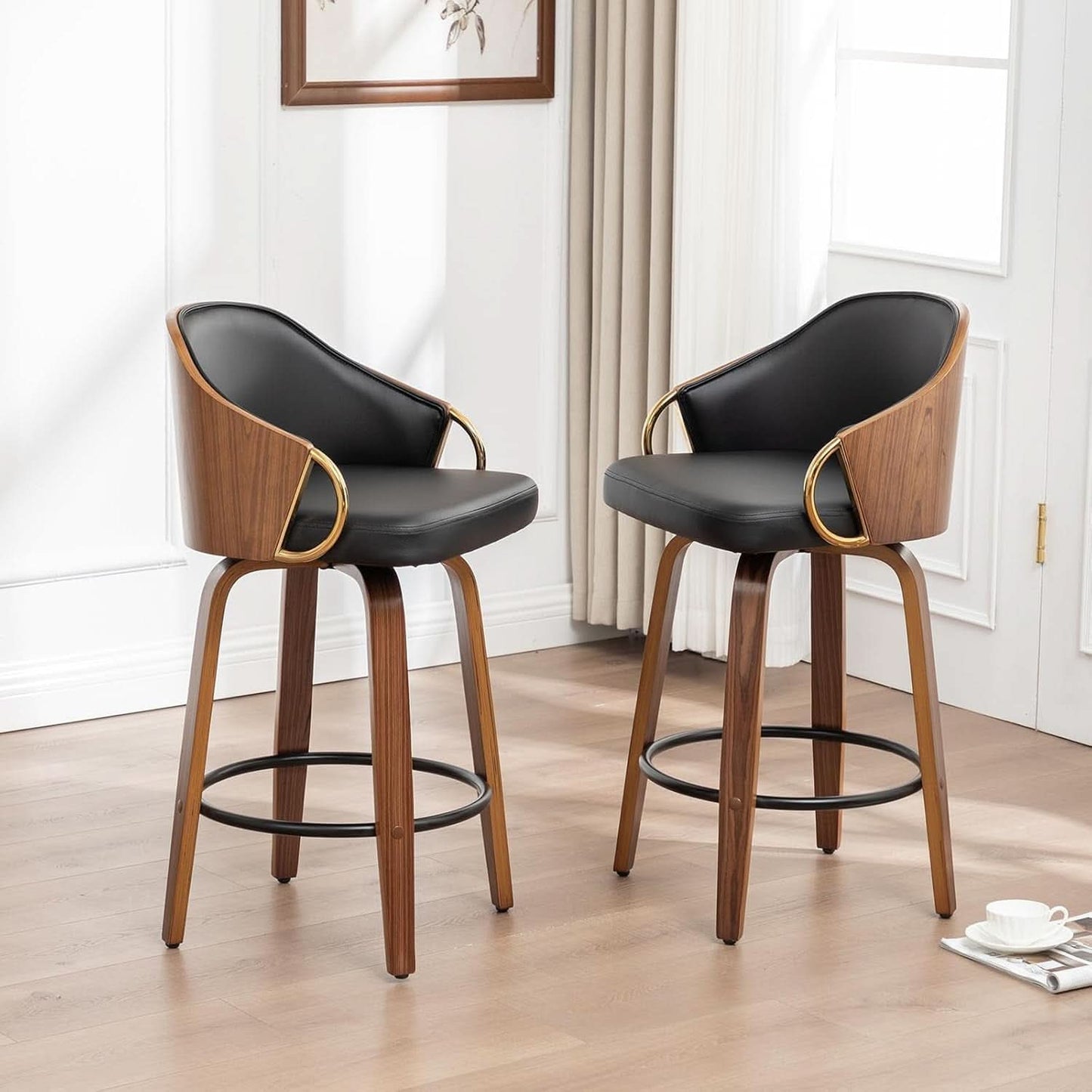 26 Inch Swivel Barstools Set of Two Black Leather