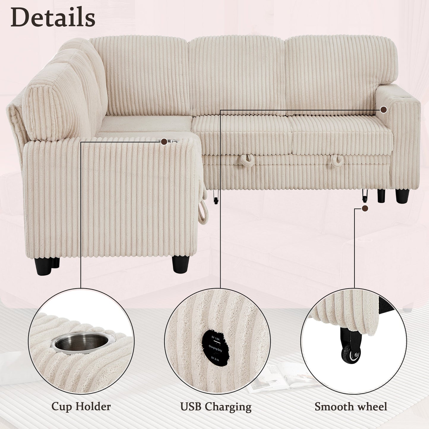 Sofa Bed L-Shape Corduroy Beige 5 Seat Pull-Out USB Ports 81 In