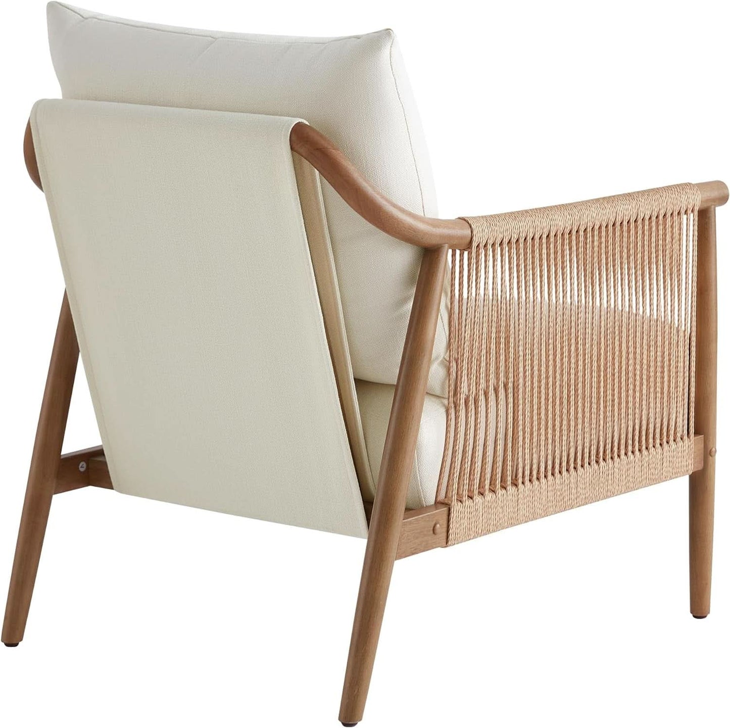 Cream Braided Accent Armchair With Wooden Armrests