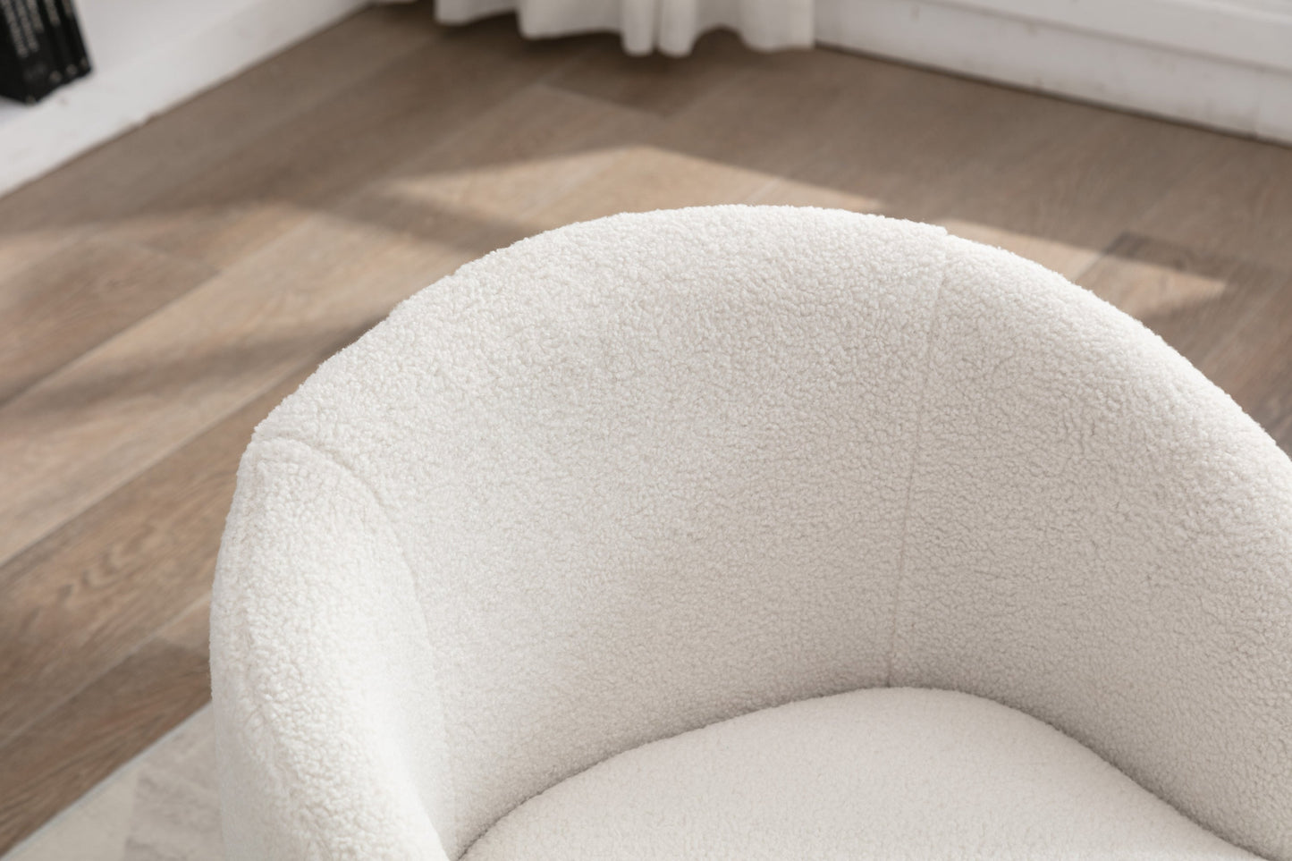 Accent Chair Swivel Barrel Teddy Fabric Ivory Black Ring Base 360 Degree 250 LB
