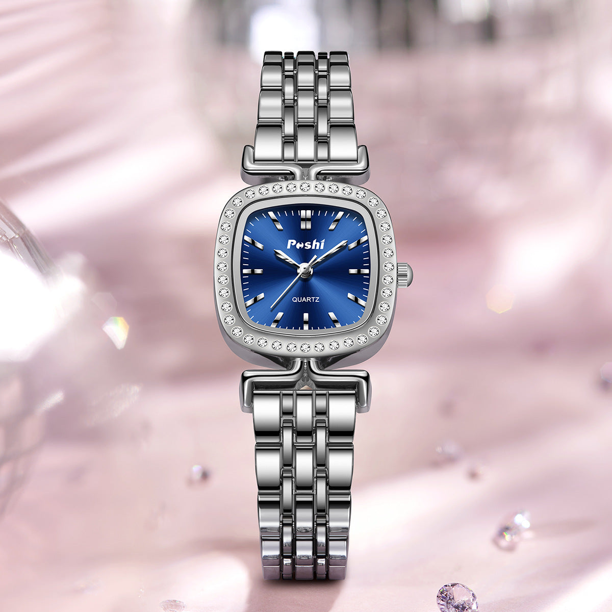 Diamond-encrusted Dial Oval-shaped Steel Bracelet Quartz Womens Watch