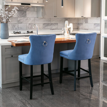 Contemporary Velvet Upholstered Barstools Button Tufted with Wooden Legs Set of 2, Blue