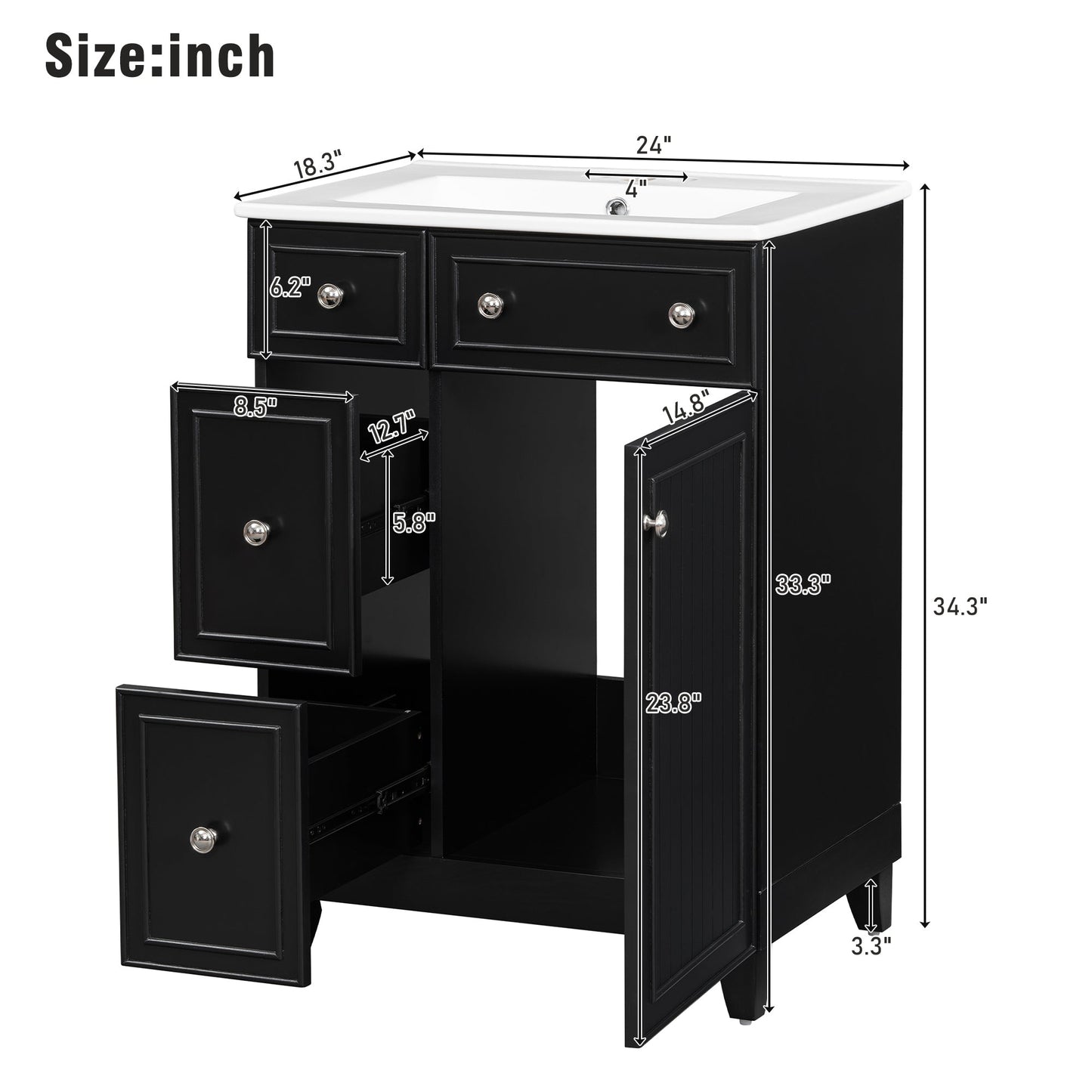 Transitional Bathroom Vanity Cabinet with Ceramic Sink, 24-Inch, Black, Solid...