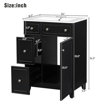 Transitional Bathroom Vanity Cabinet with Ceramic Sink, 24-Inch, Black, Solid...
