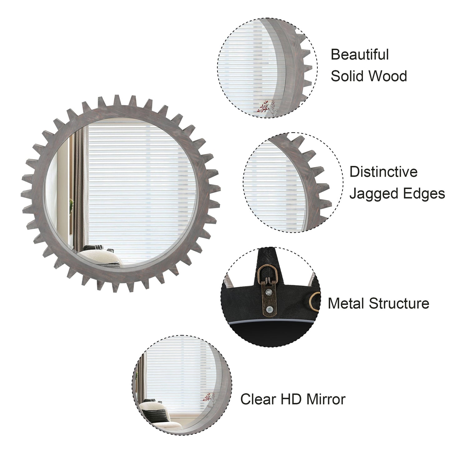 Wall Mirror Round Gear-Shape Wood Frame Dark Brown Vintage 16.5 In