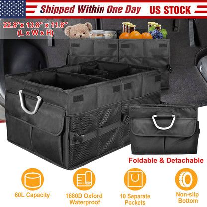 Car Trunk Organizer Collapsible Multi-Compartments Storage Cargo Box/ Cover Nonslip Bottom
