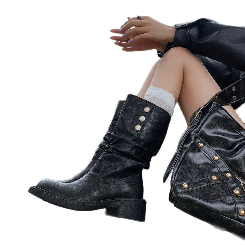 Retro Versatile Western Boots Chunky Heel Boots Mid-calf Long Boots