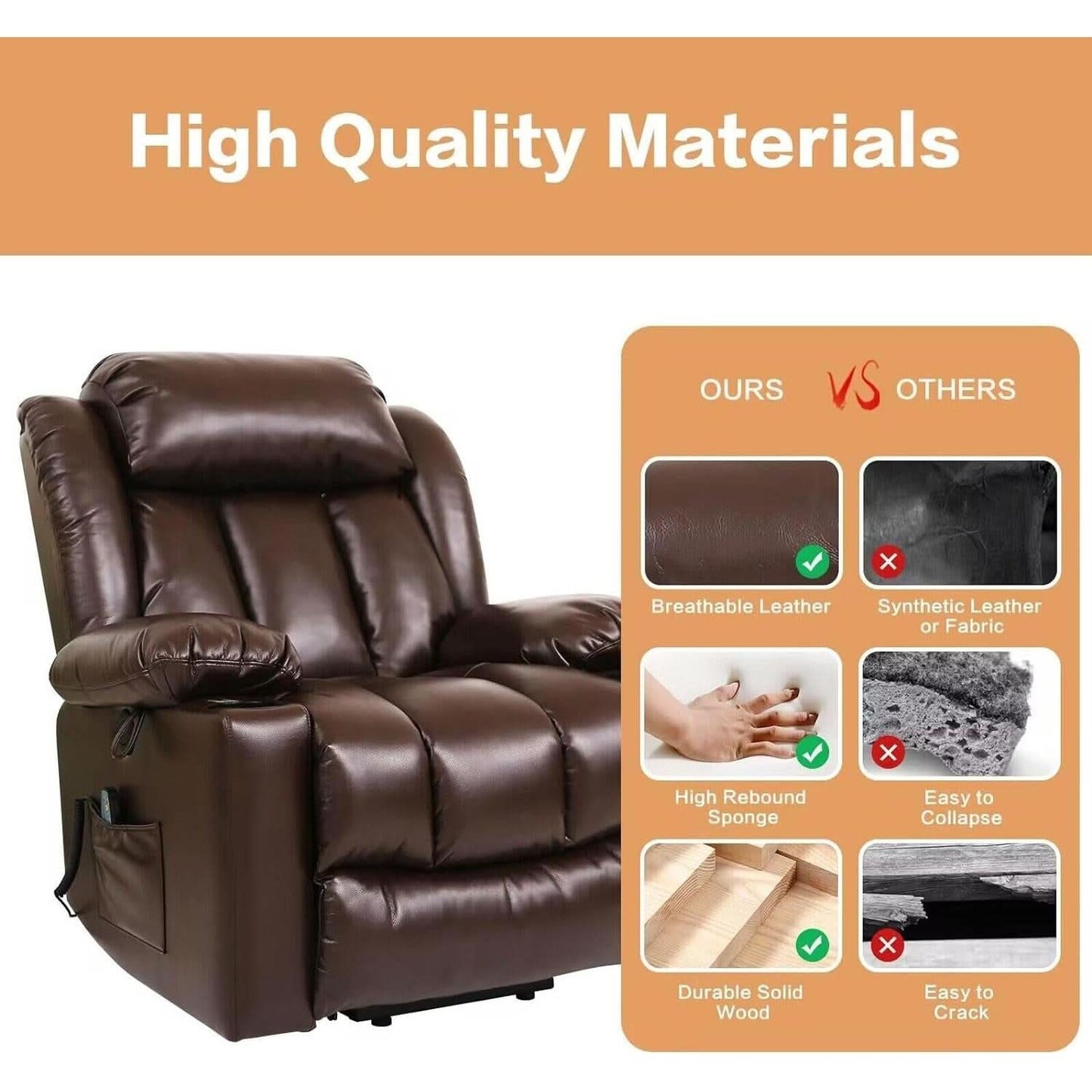 Brown Power Recliner With Massage And Heat Therapy
