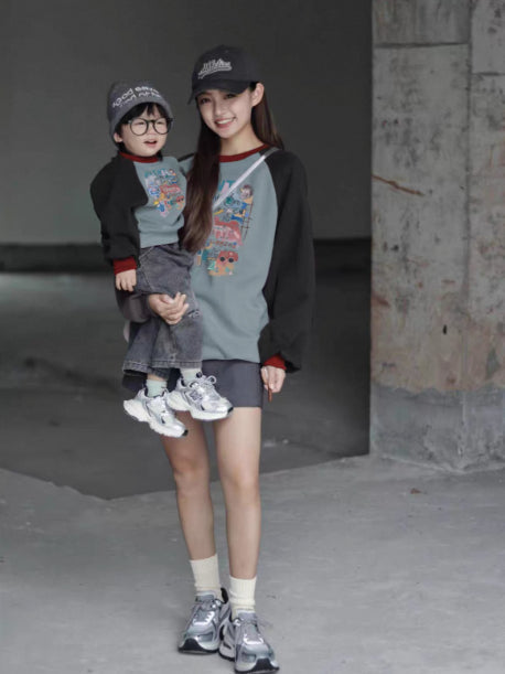 Color-block Raglan Hoodie For Parents And Kids Versatile And Easy To Style