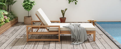 Outdoor Chaise Lounge Acacia Wood Light Teak Beige Cushion 5 Position 2