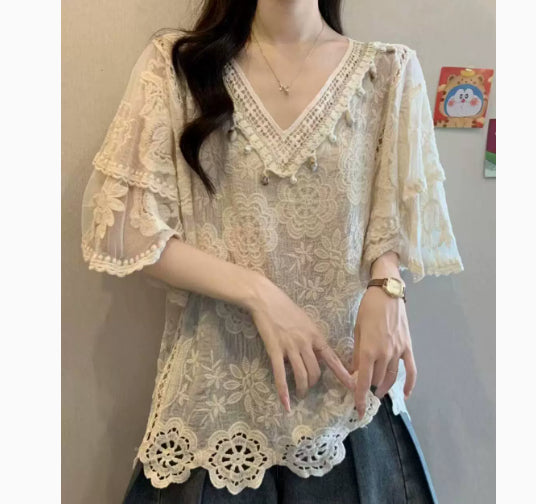 Womens Fashion Embroidered Hollow Lace Short-Sleeve Shirt