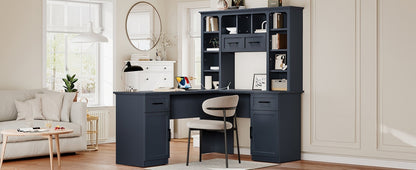 L-Shaped Computer Desk with 2 Cabinets and 2 Drawers, 11 Open Shelves and 1 R...