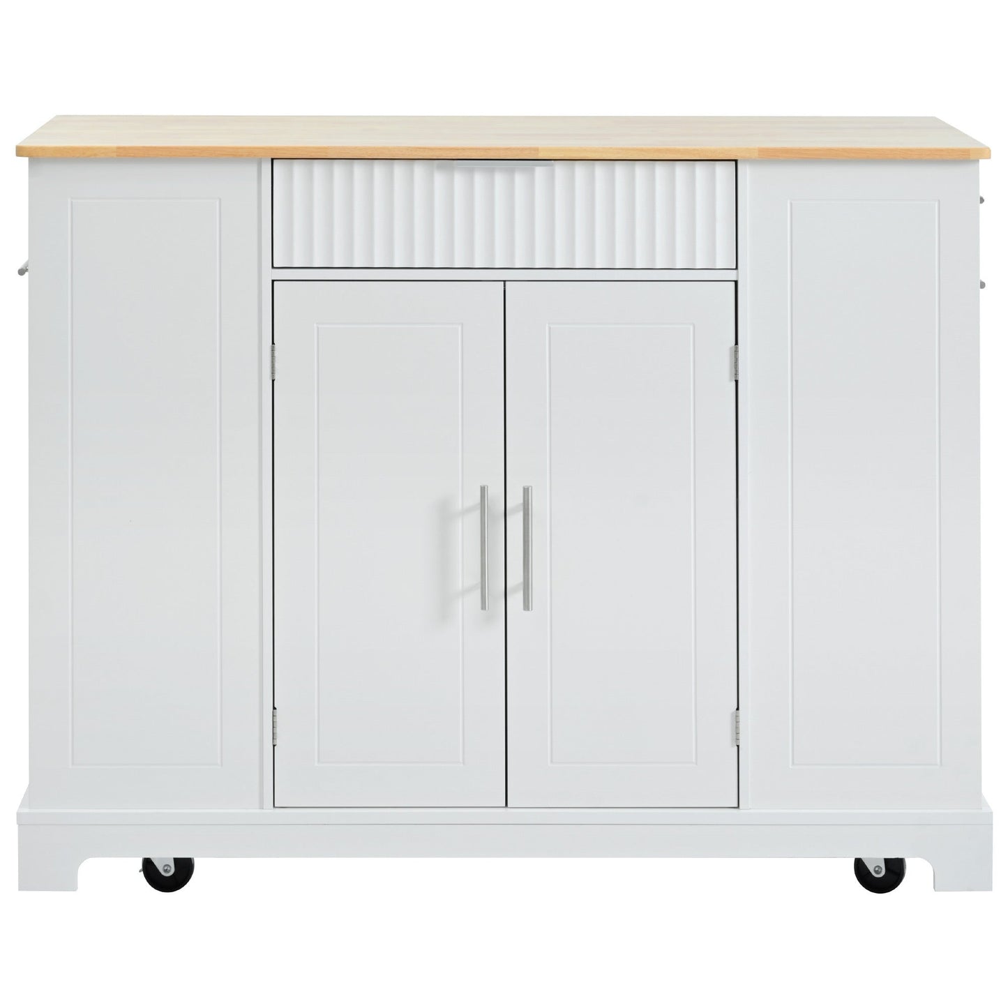 K&K Fluted Kitchen Island with Trash Can Storage Cabinet, Power Outlet, Internal Storage Rack, Rolling Kitchen Islands on 5 Wheels with 3 Drawer, 3 Open Side Racks for 10 Gallon Garbage Bin, White