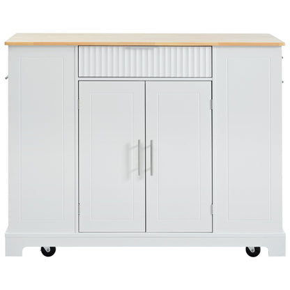 K&K Fluted Kitchen Island with Trash Can Storage Cabinet, Power Outlet, Internal Storage Rack, Rolling Kitchen Islands on 5 Wheels with 3 Drawer, 3 Open Side Racks for 10 Gallon Garbage Bin, White