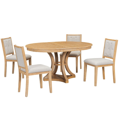 5-Piece Retro Functional Dining Table Set Extendable Round Table and 4