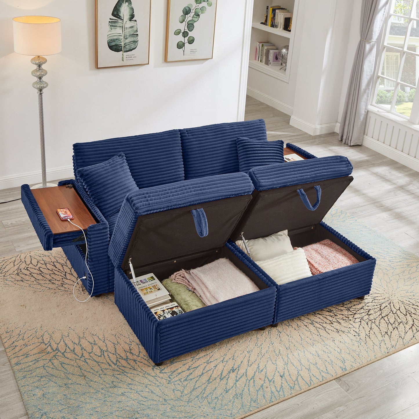Convertable Loveseat L-Shape Corduroy Blue Storage Chaise 2 Ottomans USB 69 In